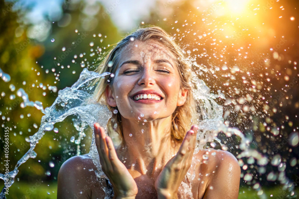 Fototapeta premium A woman joyfully splashes water on her face
