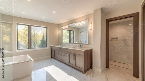 57. Panoramic view of a contemporary bathroom with clean lines, a double vanity, and marble finishes