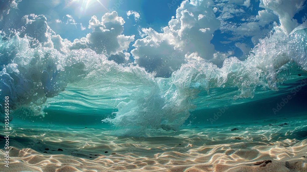 Obraz premium A wave crashes over a sandy ocean floor, revealing a glimpse of the turquoise water beneath. The bright sun shines through the clouds, casting a warm glow on the scene.