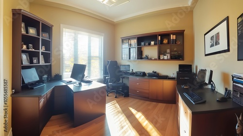 64. Panoramic view of a modern home office with a large desk, ample storage, and a clean, organized look