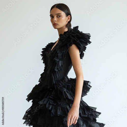 Fashion model in black ruffled dress against plain background.