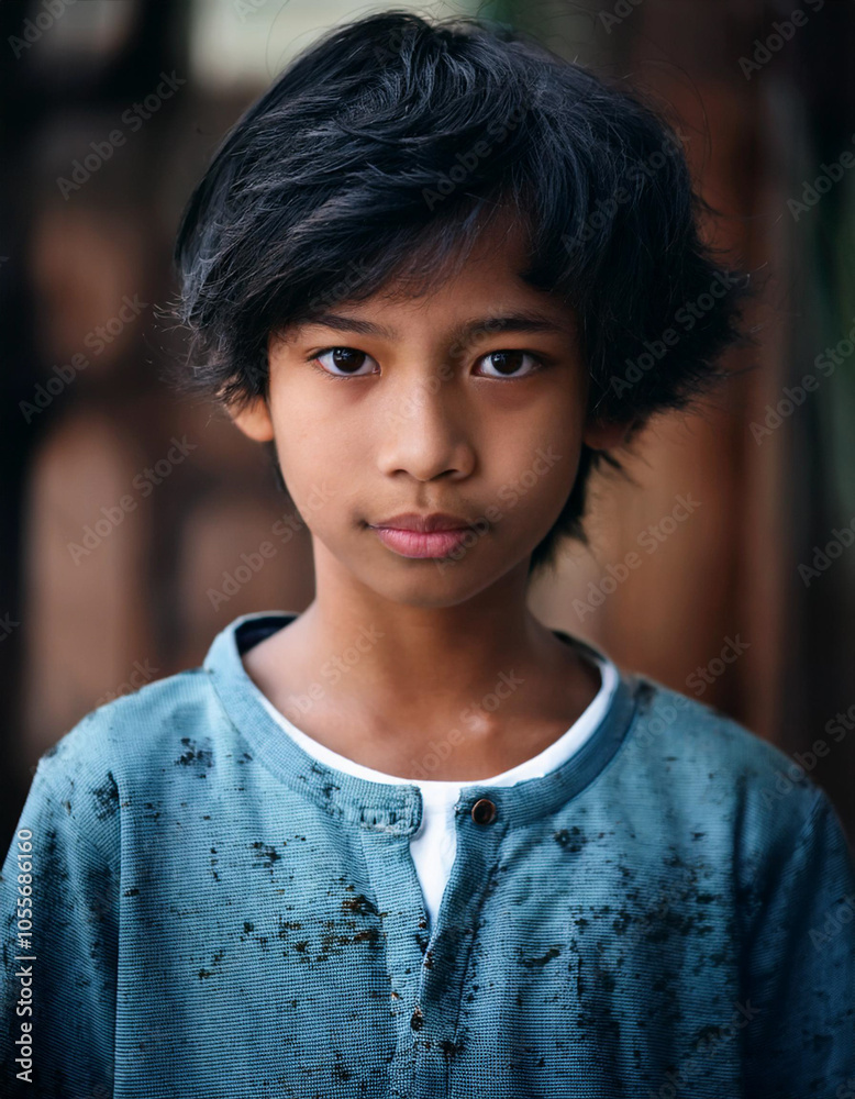 Portrait of Young Serious Boy Outdoors
