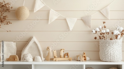 Kida??s room with white shelf, wooden toys, cozy decorations, and cotton flags on a beige wall photo