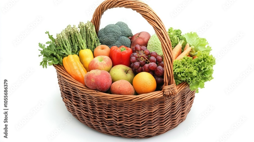 Wicker basket filled with a colorful mix of produce, top view, with ample copy space Wicker basket filled with a colorful mix of produce, top view, with ample copy space