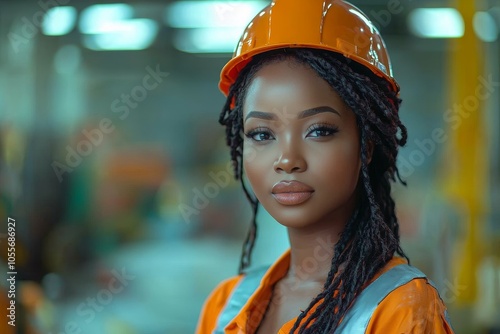 Confident female engineer in safety gear inside a modern industrial facility photo