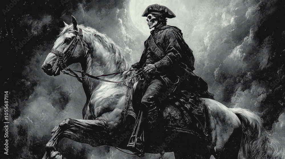 Mysterious skeleton captain riding horse under moonlit sky Mysterious skeleton captain riding horse under moonlit sky