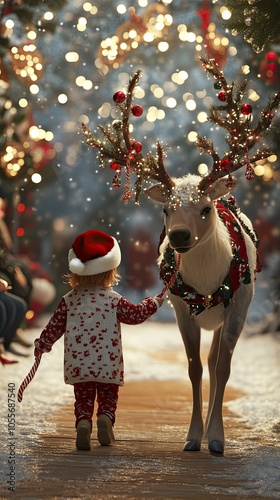 A realistic Christmas scene featuring a 2-year-old child walking beside a majestic reindeer on a festive fashion ramp. Generative ai photo