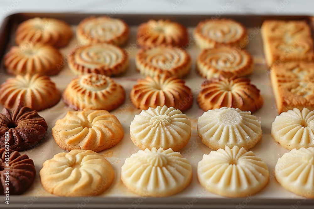 Assortment of butter cookies with intricate patterns, beautifully baked to a golden hue, displayed on a baking sheet, highlighting their rich texture and delicate design. Assortment of butter cookies with intricate patterns, beautifully baked to a golden hue, displayed on a baking sheet, highlighting their rich texture and delicate design.