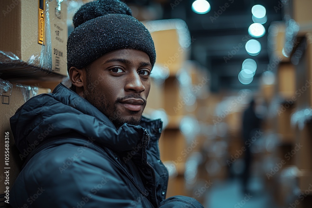 Warehouse worker in winter gear smiling amidst boxes in industrial setting Warehouse worker in winter gear smiling amidst boxes in industrial setting