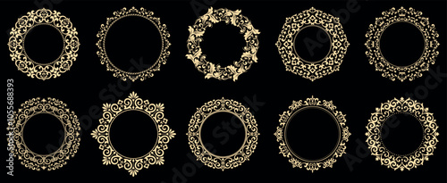 Set of decorative frames Elegant vector element for design in Eastern style, place for text. Floral black and golden borders. Lace illustration for invitations and greeting cards