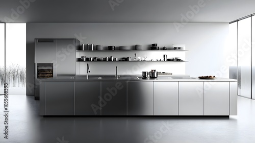 3. Panoramic view of a minimalist kitchen with stainless steel appliances, an island countertop, and open shelving