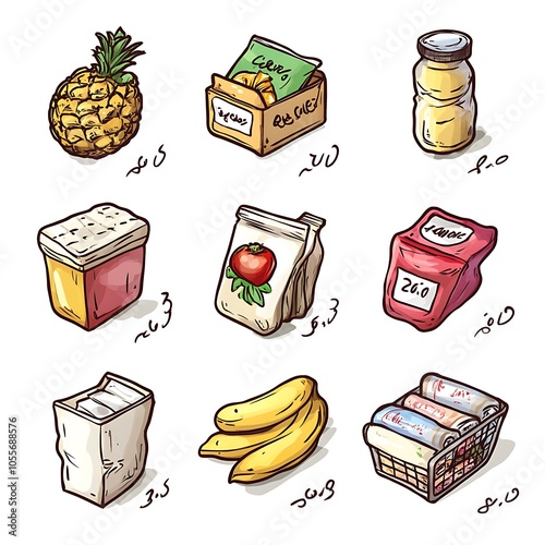 Cartoon shopping list with prices written beside each item on a white background. photo