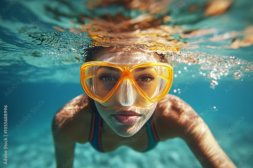 Fototapeta premium young woman in mask swimming underwater with copy space.