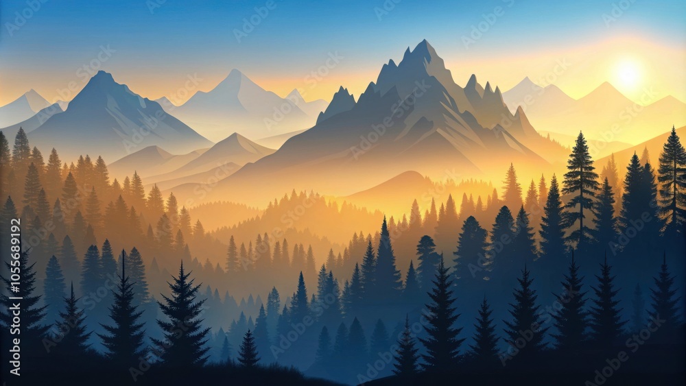 Obraz premium Landscape in the mountains with silhouettes of trees and peaks, perfect for travel and adventure themes, mountains, forest