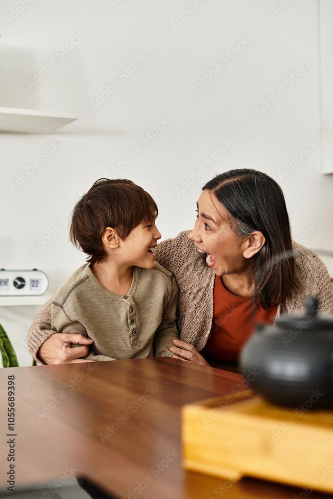 A cheerful family, an asian grandmother and grandson, in modern kitchen before Christmas. A cheerful family, an asian grandmother and grandson, in modern kitchen before Christmas.