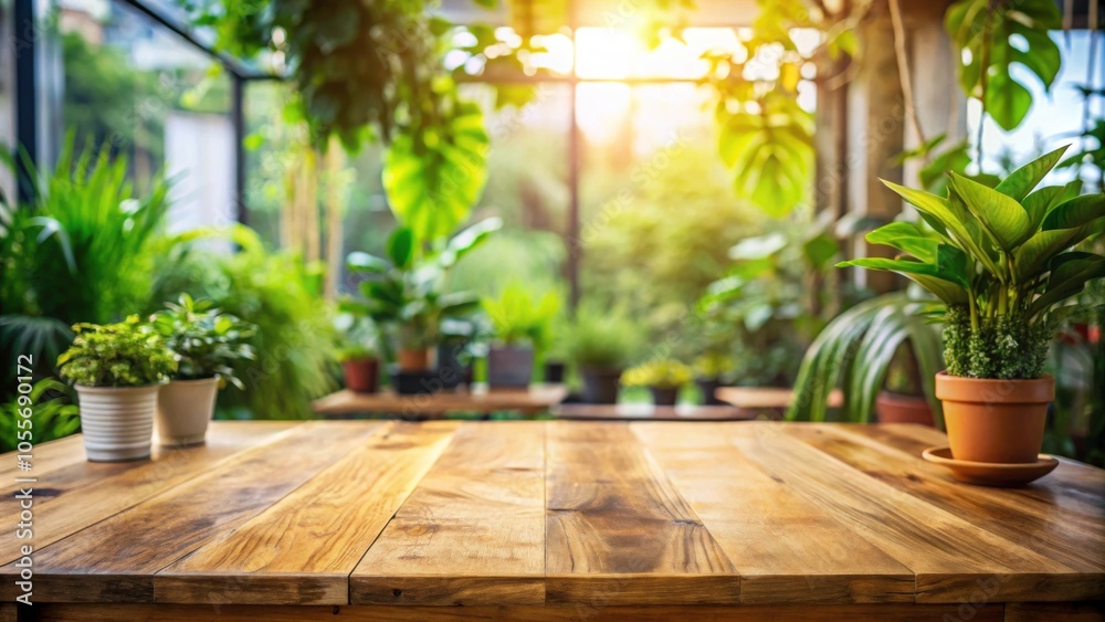 Warm wooden table with a lush indoor plant background , cozy, home decor, interior design, houseplant Warm wooden table with a lush indoor plant background , cozy, home decor, interior design, houseplant