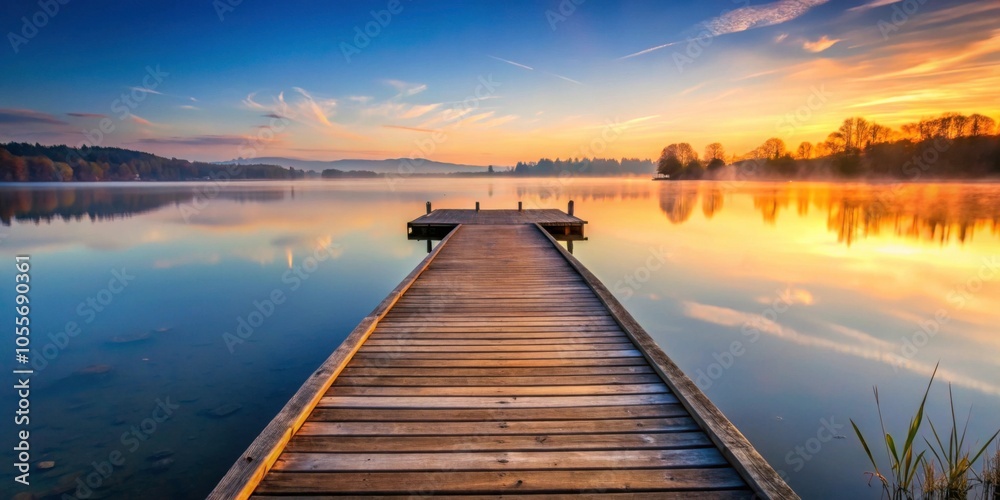 Fototapeta premium Wooden pier on calm lake at sunrise, pier, wooden, calm, lake, sunrise, tranquil, peaceful, natural, serene, reflection, water