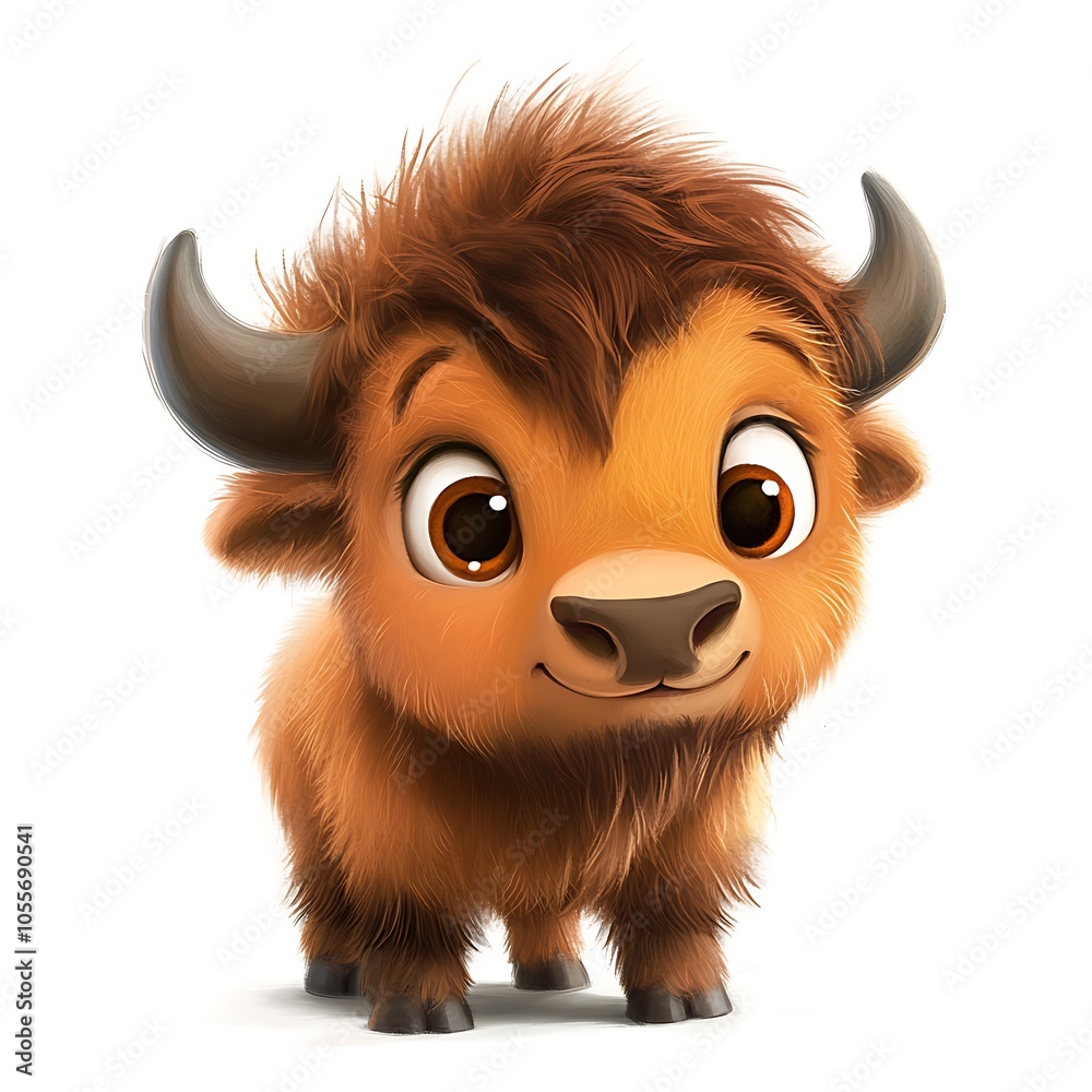Cartoon baby bison with soft fur on a white background.