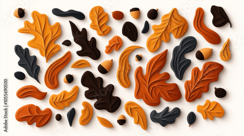 Abstract autumn-themed pattern featuring various colorful leaves and acorns in a flat, artistic style.