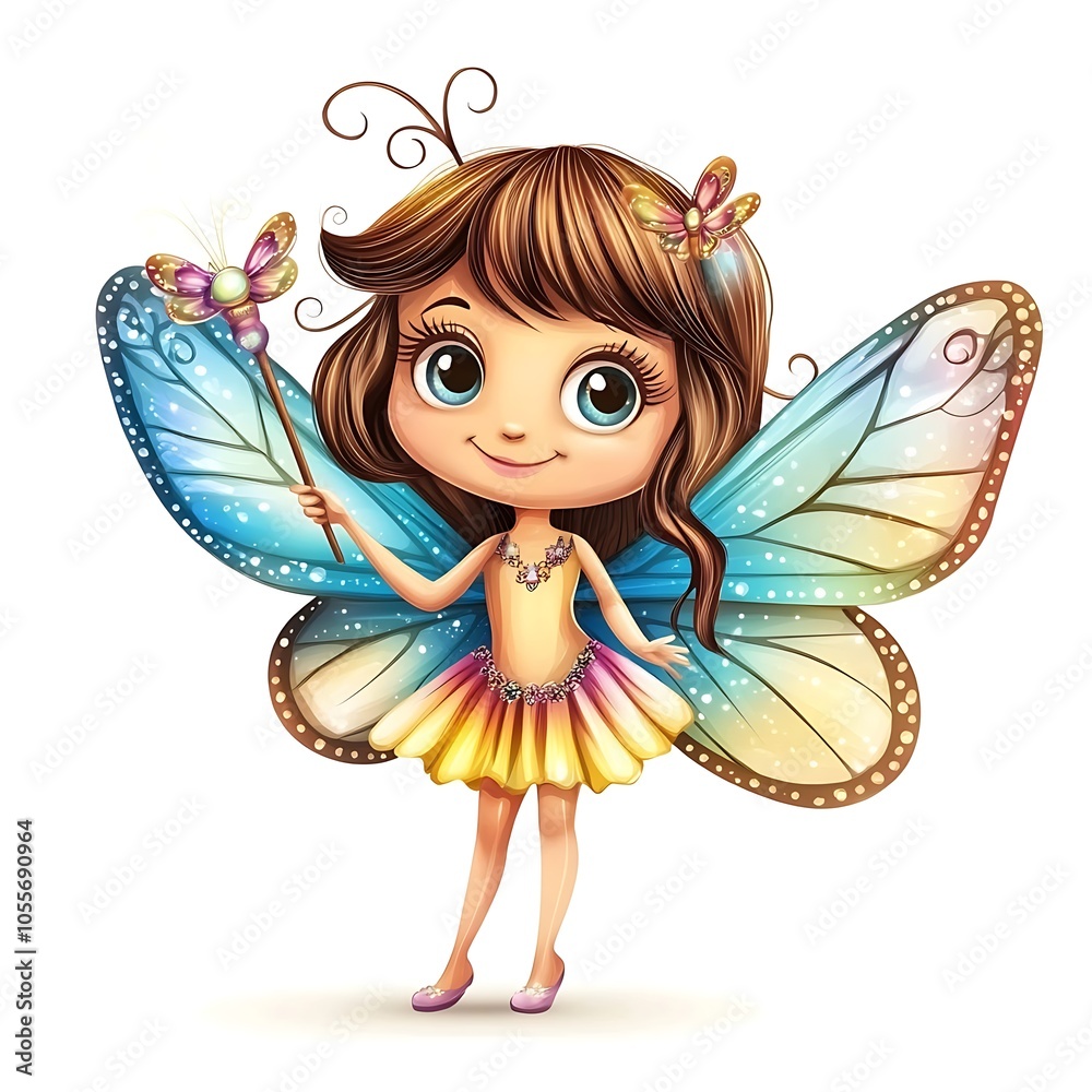A cute cartoon fairy with butterfly wings and a magic wand on a white background. A cute cartoon fairy with butterfly wings and a magic wand on a white background.