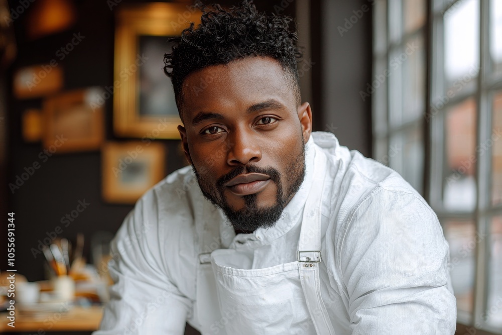 Confident chef in white apron in cozy restaurant setting Confident chef in white apron in cozy restaurant setting