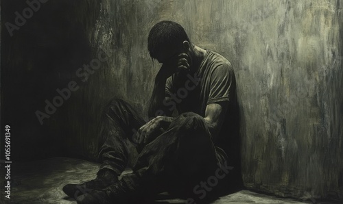 A man sits slumped against a wall.