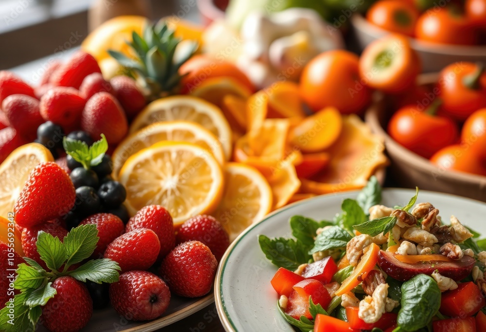 Vibrant spread of fresh fruits and vegetables Vibrant spread of fresh fruits and vegetables