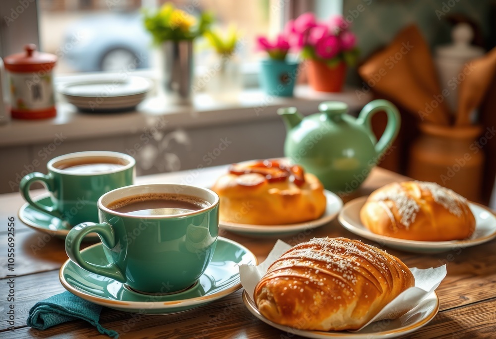 Cozy breakfast scene with coffee and pastries Cozy breakfast scene with coffee and pastries