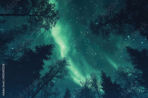 Wallpaper Mural Silhouetted Trees Under a Starry Sky with Aurora Borealis Torontodigital.ca