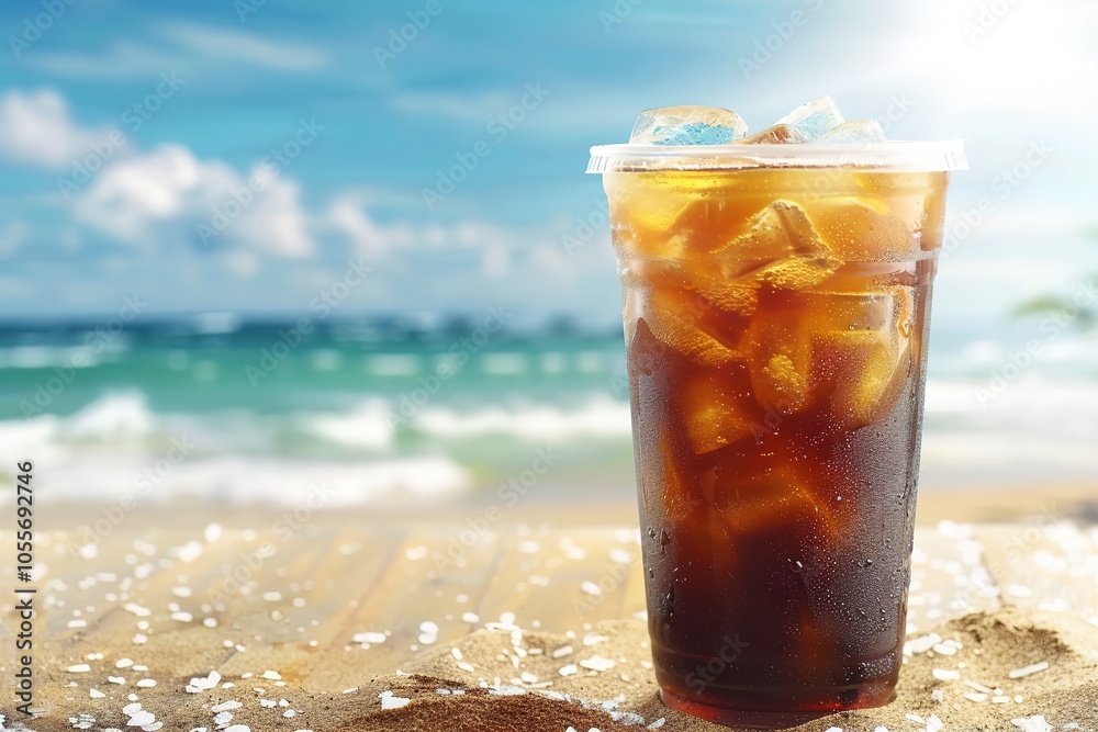 Iced coffee on sunny beach with sea backdrop Iced coffee on sunny beach with sea backdrop
