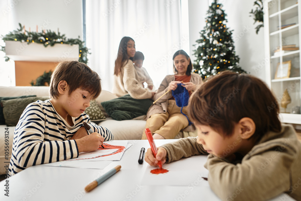 A happy family gathers in a modern living room, drawing and enjoying each other's company near the Christmas tree. A happy family gathers in a modern living room, drawing and enjoying each other's company near the Christmas tree.