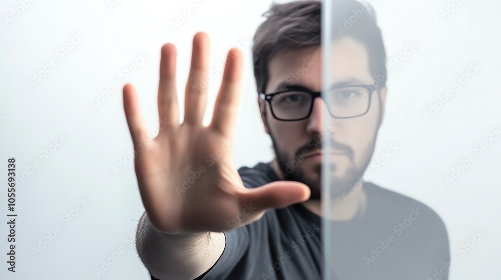 Man Holding Up Hand Through Glass Barrier Stop Refusal Protection Concept Man Holding Up Hand Through Glass Barrier Stop Refusal Protection Concept