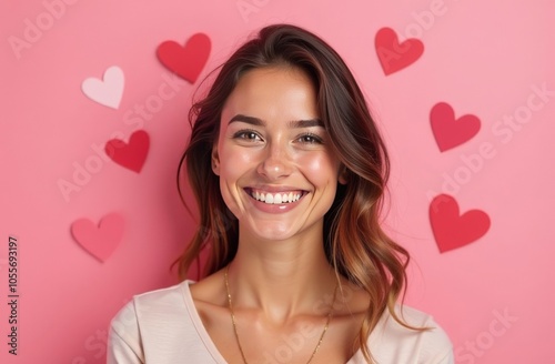 Portrait of young couple with mobile phones chatting online on red background. Valentine's Day celebration