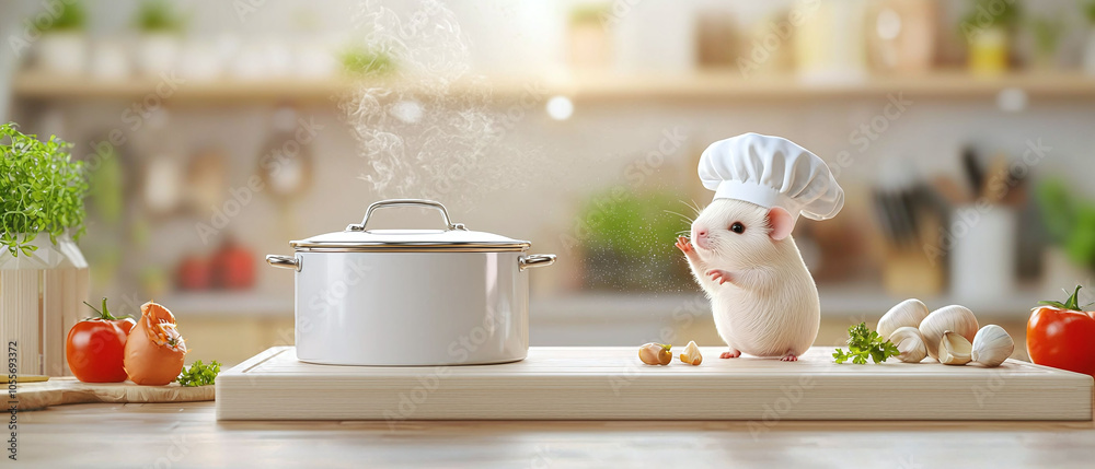 cute guinea pig in chefs hat is stirring pot in warm kitchen, surrounded by fresh vegetables and herbs, creating delightful cooking atmosphere cute guinea pig in chefs hat is stirring pot in warm kitchen, surrounded by fresh vegetables and herbs, creating delightful cooking atmosphere