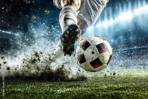 Dynamic soccer player kicking ball, intense action shot with sharp lighting and flying grass