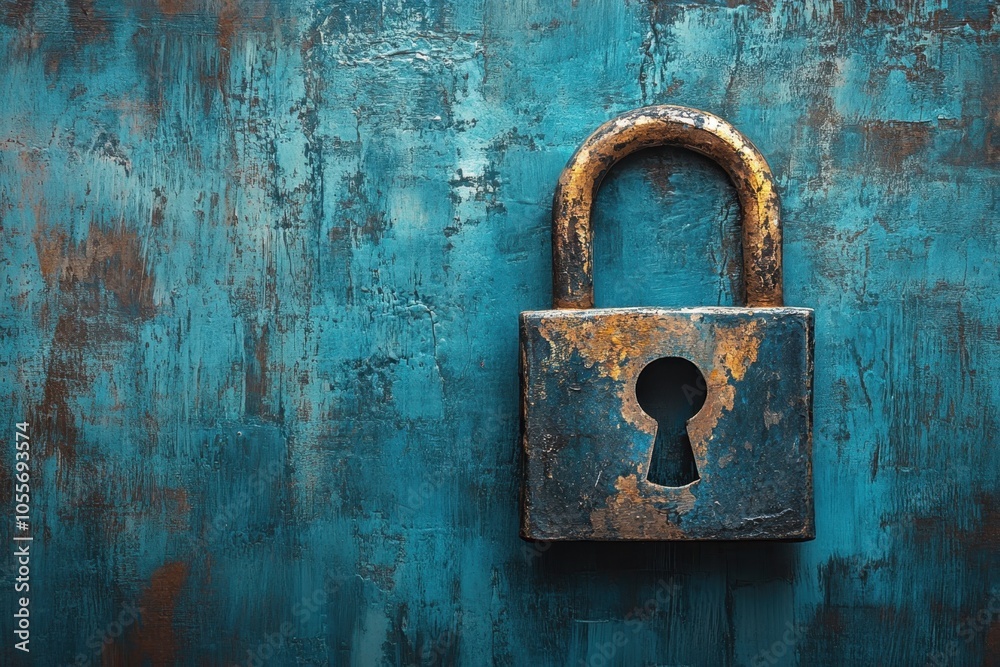 Rusty padlock against a textured blue background in a dimly lit environment Rusty padlock against a textured blue background in a dimly lit environment