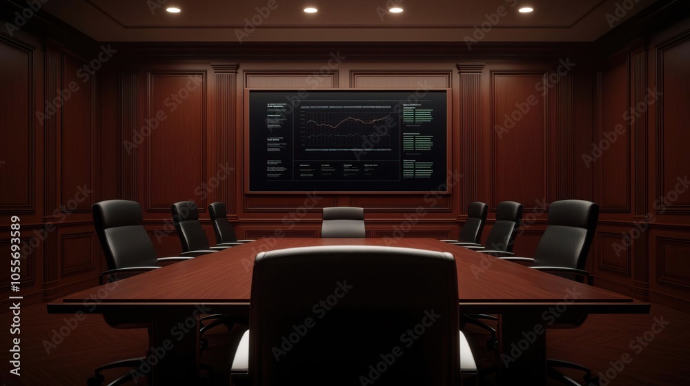 Empty boardroom with a digital presentation of business strategy on a screen, prepared for analysis Empty boardroom with a digital presentation of business strategy on a screen, prepared for analysis