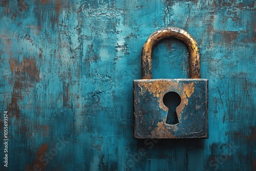 Rusty padlock against a textured blue background in a dimly lit environment