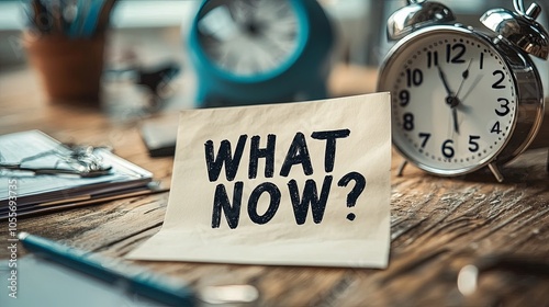 A paper reading 'WHAT NOW?' sits among clocks and office items on a wooden desk, signaling time management and decision-making in professional settings. photo