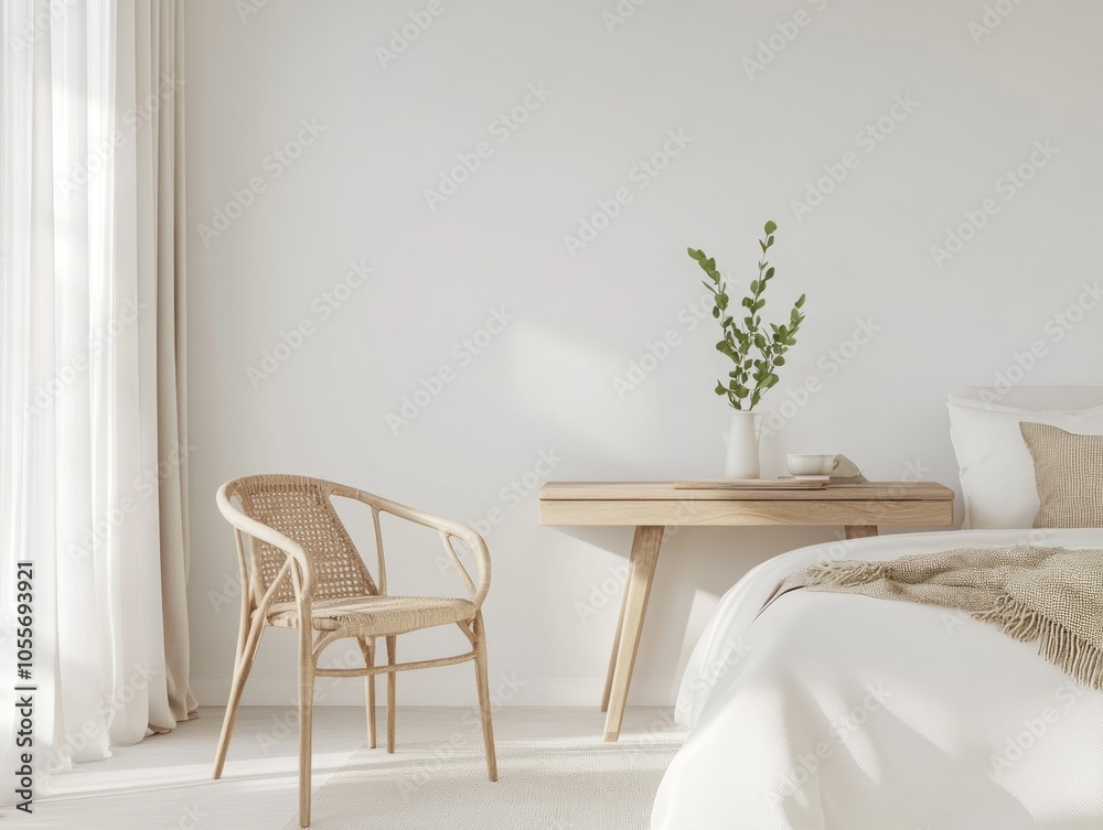 Minimalist bedroom has white walls, a simple wooden desk, and light-colored bedding for a peaceful ambiance Minimalist bedroom has white walls, a simple wooden desk, and light-colored bedding for a peaceful ambiance