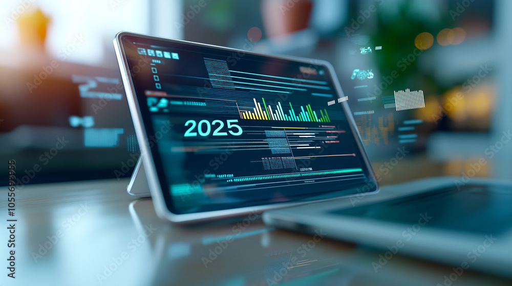 macro shot of holographic tablet displaying data analytics for 2025, showcasing vibrant graphs and futuristic interface elements. scene conveys sense of innovation and technology macro shot of holographic tablet displaying data analytics for 2025, showcasing vibrant graphs and futuristic interface elements. scene conveys sense of innovation and technology