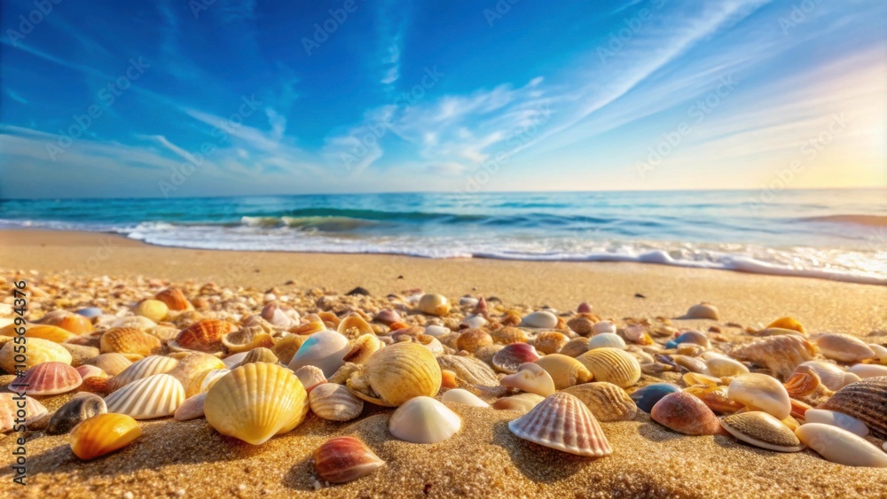 Beautiful coastal landscape with scattered sea shells on sandy beach, ocean and clear sky in background, sea shells Beautiful coastal landscape with scattered sea shells on sandy beach, ocean and clear sky in background, sea shells