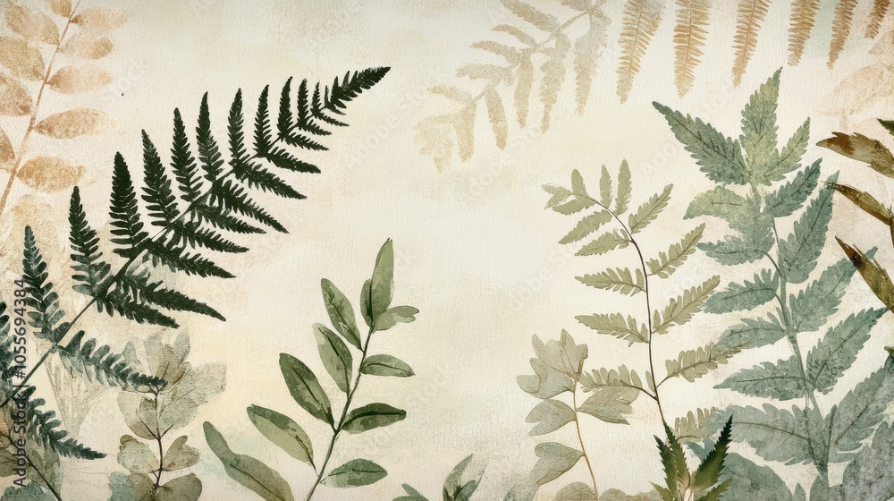 Naklejka premium stylized botanical illustrations featuring ferns and leaves in soft, muted colors, arranged elegantly on a textured paper background
