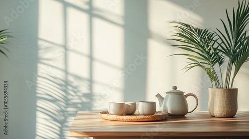 Minimalistic dining room interior featuring a wooden table, teapot with cups, plant, and elegant accessories