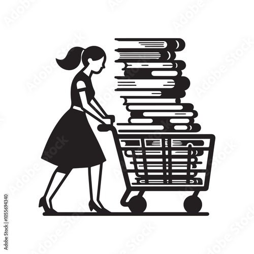 Woman pushes shopping cart overflowing with books.