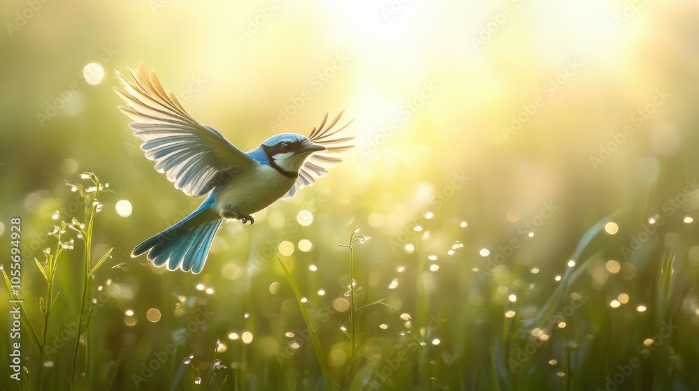 Obraz premium Colorful Bird in Flight Over Sunny Meadow