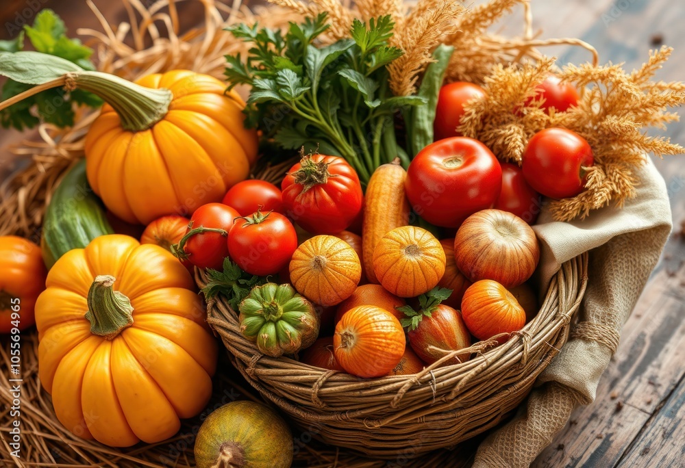 Harvest basket overflowing with fresh vegetables and pumpkins Harvest basket overflowing with fresh vegetables and pumpkins