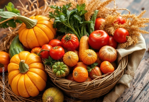 Harvest basket overflowing with fresh vegetables and pumpkins
