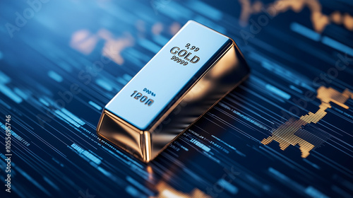 Gold bullion bar on digital financial background, symbolizing investment and valuation analysis. shiny gold reflects wealth and stability in market photo