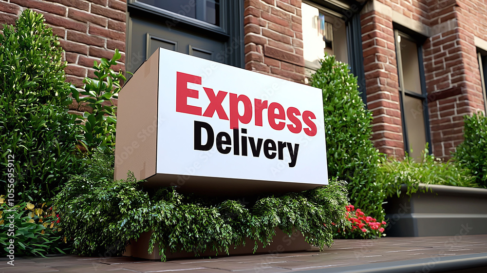 Obraz premium large box labeled Express Delivery sits on doorstep surrounded by greenery, conveying sense of anticipation and convenience